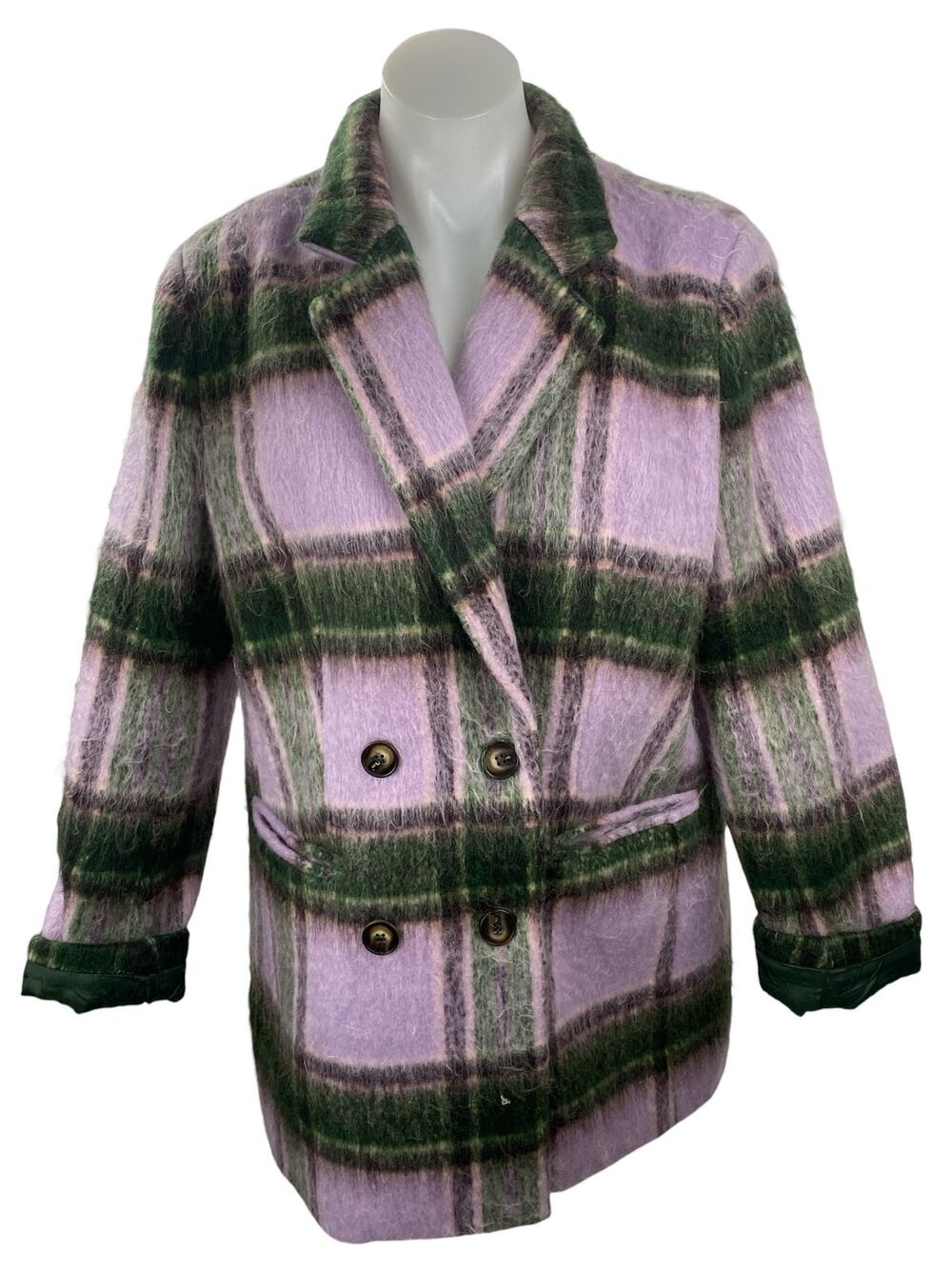 By Malina Women's Multicolor Wool Plaid Check Long Sleeve Pea Coat Jacket Size M